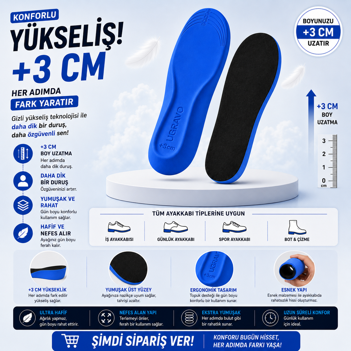 FUSPET LiftPro — 3 cm Gizli Topuk Yükseltici Boy Uzatan Tam Boy Ayakkabı Tabanlığı