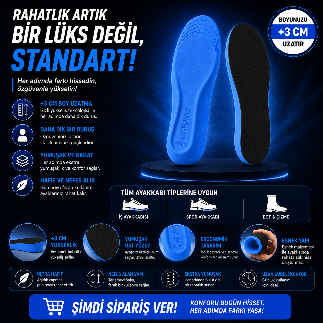 FUSPET LiftPro — 3 cm Gizli Topuk Yükseltici Boy Uzatan Tam Boy Ayakkabı Tabanlığı