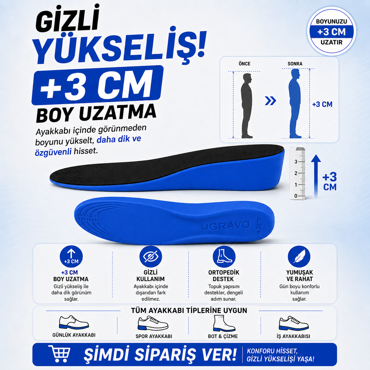 FUSPET LiftPro — 3 cm Gizli Topuk Yükseltici Boy Uzatan Tam Boy Ayakkabı Tabanlığı